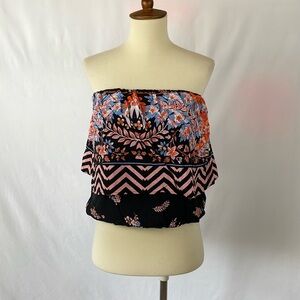 Express Boho Floral Cropped Strapless Tier Flowy Tube Top w/Elastic Hems - Small